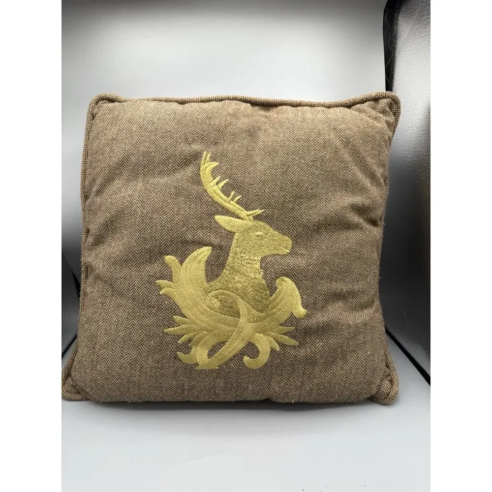 15x15 Brown Herringbone Pillow Gold Stag Crest Faux Suede Back Rustic Decor